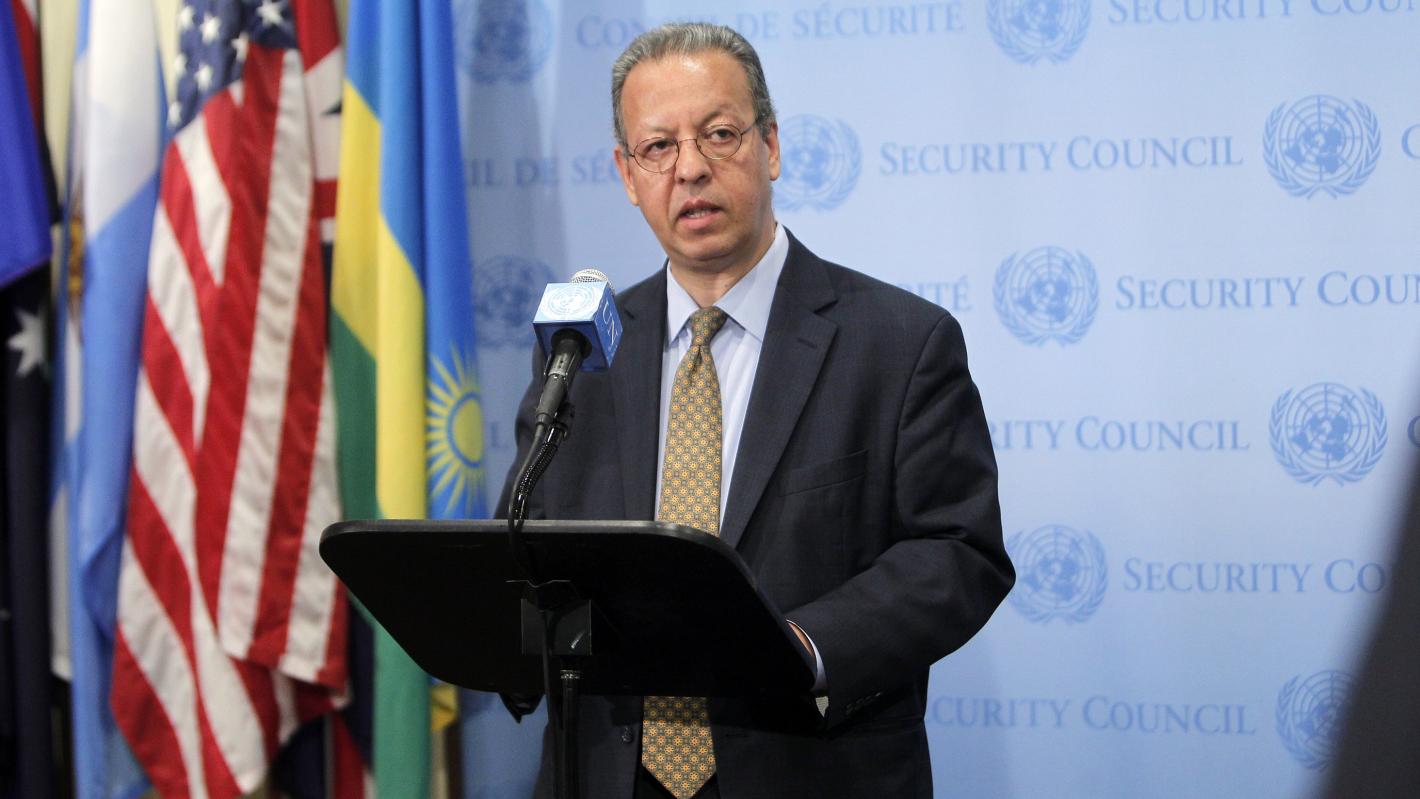 Jamal Benomar speaks to journalists following closed-door Security Council consultations 20 June 2014, United Nations, New York. UN Photo/Devra Berkowitz