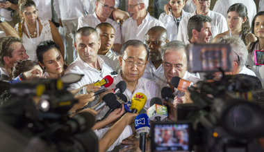 Secretary-General Ban Ki-moon in speaks to the media in Colombia