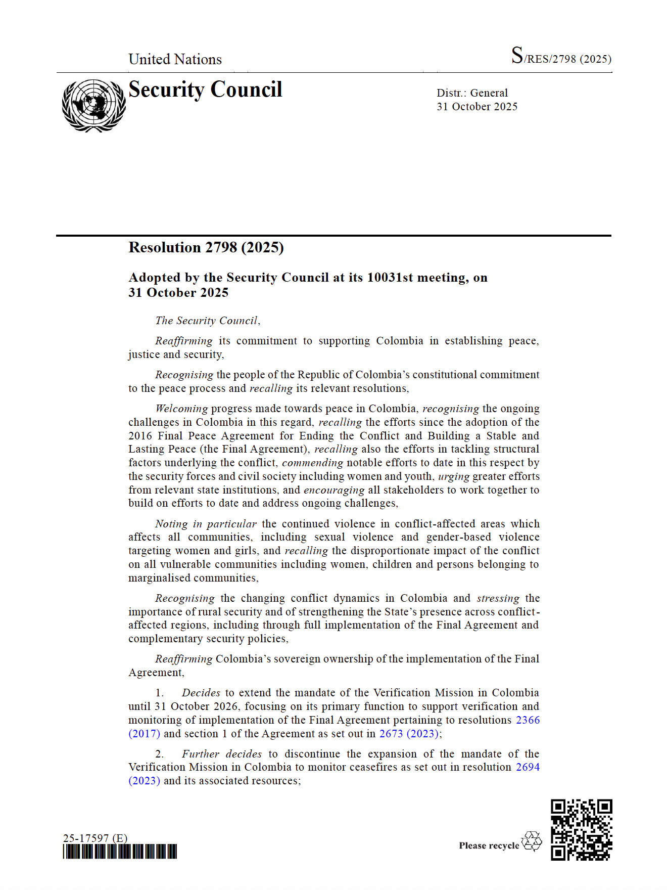 Resolution extension mandate UN Verification Mission in Colombia RES 2798 (2025)