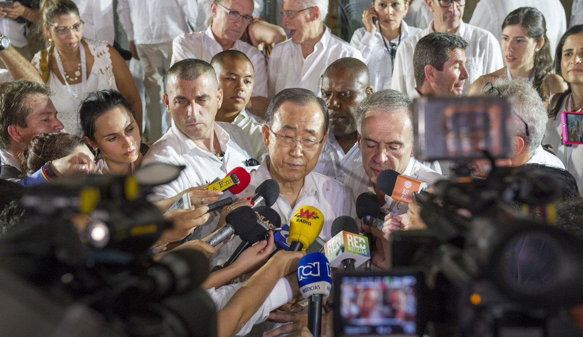 Secretary-General Ban Ki-moon in speaks to the media in Colombia